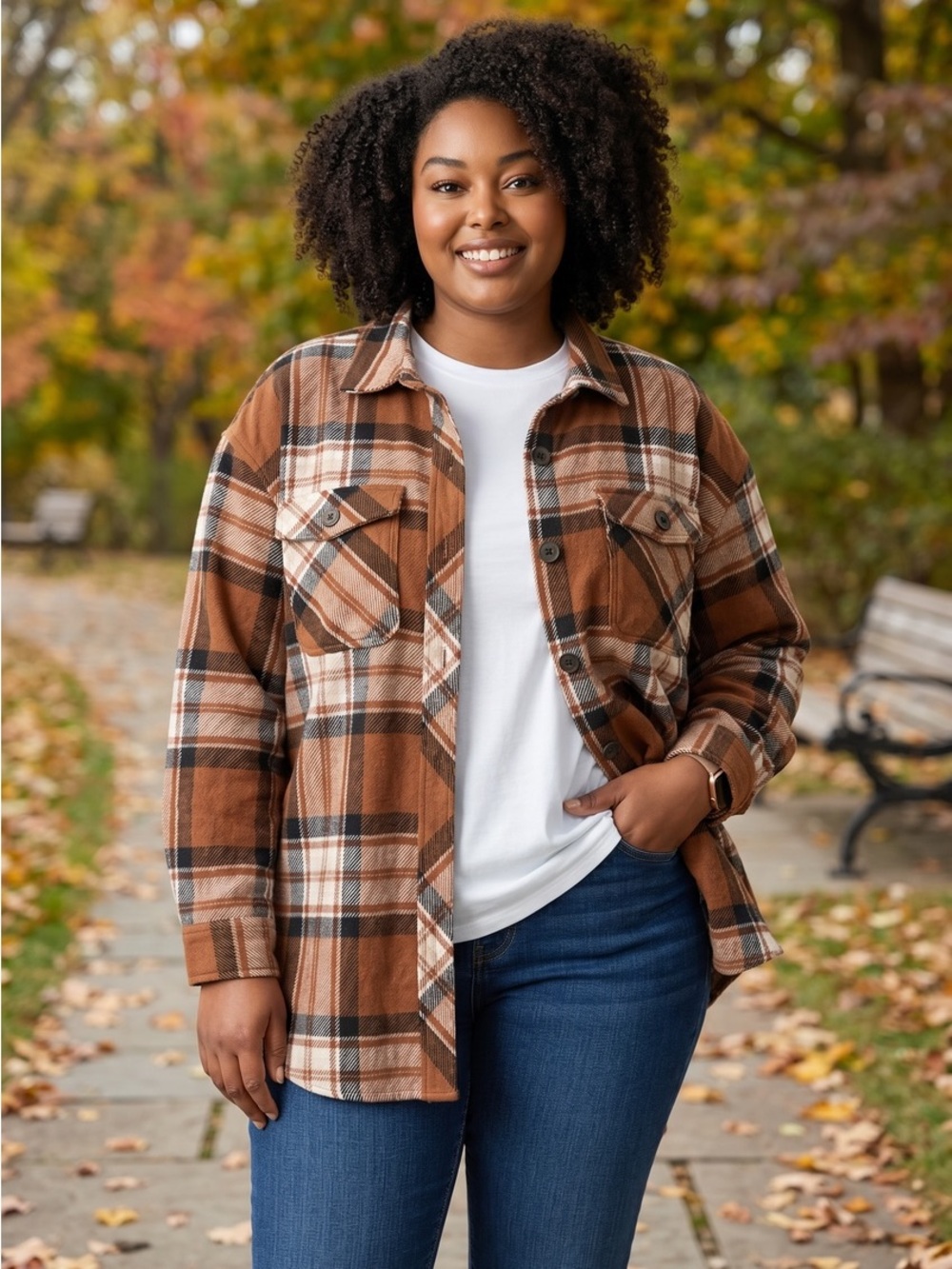 Womens Brown Plaid Button-Front Shacket